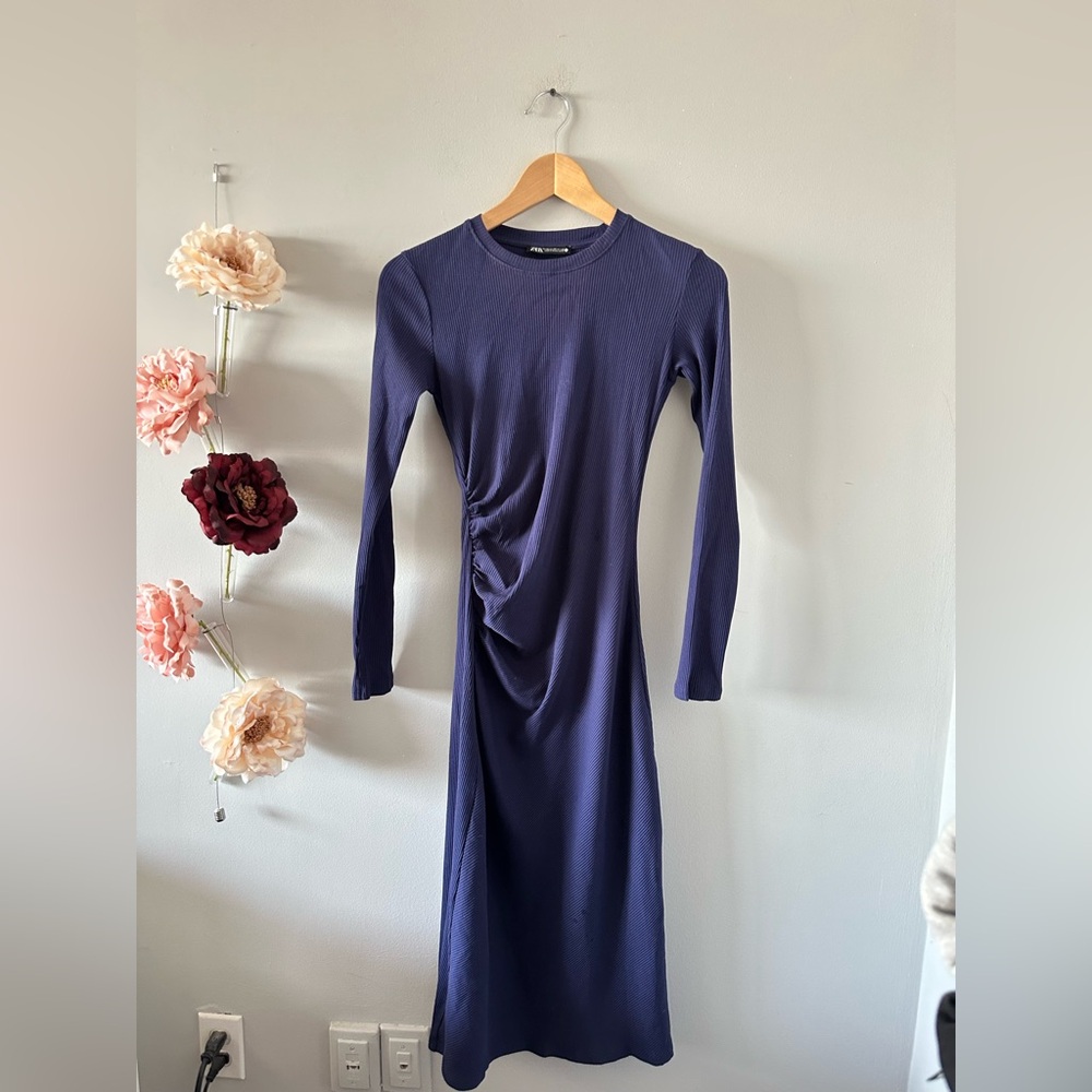 Zara | Stretchy dark blue soft side gathered dress